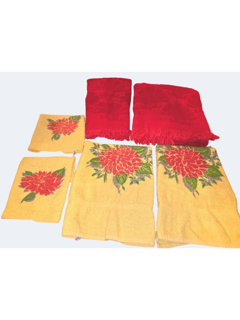 Vintage Cannon Floral & Red Towels Set - 6 Pieces Yellow & Red Cotton Made In US